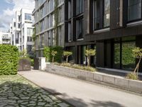 a walkway leading to some very large apartment buildings on the edge of a street with plants and trees in a courtyard