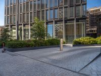 the side walk of a glass office building with concrete bricks and landscaping on each floor