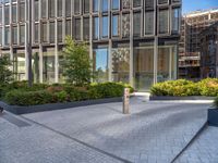 the side walk of a glass office building with concrete bricks and landscaping on each floor