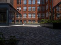 several plants sit in decorative concrete planters along the sidewalk of a building that is very modern