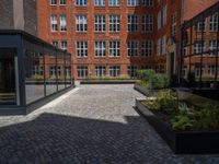 several plants sit in decorative concrete planters along the sidewalk of a building that is very modern