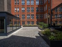 several plants sit in decorative concrete planters along the sidewalk of a building that is very modern