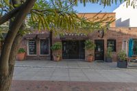 the exterior of an office building where it appears to be open with potted plants