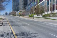 a wide empty city street near many tall buildings and trees in the foreground,