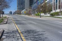 a wide empty city street near many tall buildings and trees in the foreground,