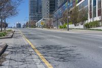 a wide empty city street near many tall buildings and trees in the foreground,