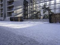 a person standing in the snow outside an office building in winter time, with one foot stuck in the ground