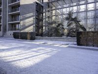 a person standing in the snow outside an office building in winter time, with one foot stuck in the ground