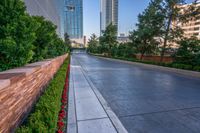 an empty sidewalk with trees and red flowers along it and buildings in the background with dark clouds