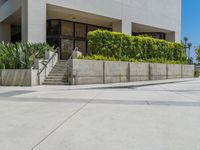 steps lead up to a large concrete building with green walls and plant life in front