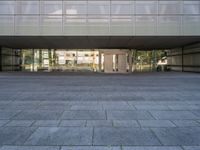 a stone walkway next to a concrete block floor under large glass windows and doors with a sculpture of a person in the background