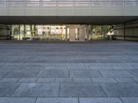 a stone walkway next to a concrete block floor under large glass windows and doors with a sculpture of a person in the background