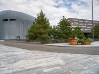 a round sidewalk with potted plants in front of it and buildings next to it