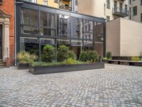 an empty parking lot with plants in the ground and on the side of the building, there is an enclosed area and windows