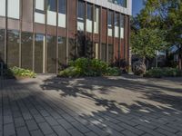 a person with a suitcase standing in front of a building near some trees and shrubs