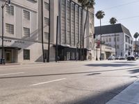 a person walking down the sidewalk next to a city street with palm trees in the background