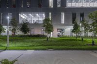 a large courtyard with a grassy area at night in the background is a modern office building