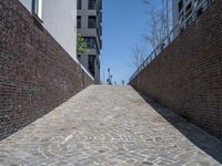 a view up a narrow brick pathway, with a bench in the middle of it