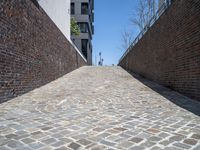 a view up a narrow brick pathway, with a bench in the middle of it