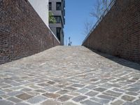 a view up a narrow brick pathway, with a bench in the middle of it