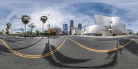 a panoramic image is seen with a curved road in the foreground, and palm trees behind it