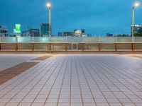 people standing on a subway platform with many buildings in the background at night light in tokyo