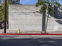 a yellow fire hydrant sitting between two trees and on the corner of an empty street