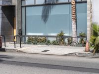 the red car is parked on the street beside the curb and building with palm trees