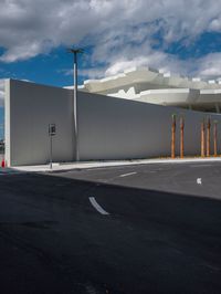 a white wall, which is in front of two palm trees, in the middle of the street