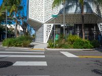 palm trees and flowers near a white building with a sign on it that reads green