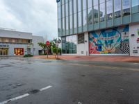 street intersection with painted mural in back ground and yellow cautions to left of corner