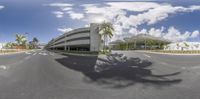 a wide angle shot of a commercial building with palm trees in the foreground, next to an empty road