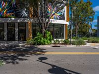 the shadow of a fire hydrant stands in front of a multicolored building