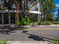 the shadow of a fire hydrant stands in front of a multicolored building