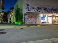 an empty street in front of a store lit up at night with street lights and trees growing out the corner