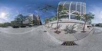 street view from fisheye lens, with trees, cars and buildings in background on sunny day