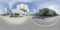 three pictures with white building and street view with cloudy blue sky above them and two photos of one with buildings