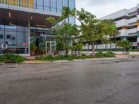 a large parking lot surrounded by a parking lot next to a tall white building with a tree in front of it