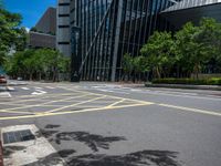 the yellow lines on the street indicate a crosswalk between a street and buildings behind