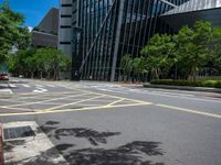 the yellow lines on the street indicate a crosswalk between a street and buildings behind