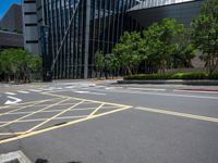 the yellow lines on the street indicate a crosswalk between a street and buildings behind