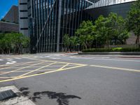 the yellow lines on the street indicate a crosswalk between a street and buildings behind