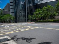 the yellow lines on the street indicate a crosswalk between a street and buildings behind