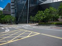 the yellow lines on the street indicate a crosswalk between a street and buildings behind