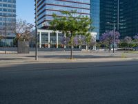 an empty street in front of a building and trees on the other side of the road