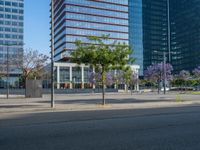 an empty street in front of a building and trees on the other side of the road