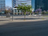 an empty street in front of a building and trees on the other side of the road