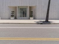 a woman walking across a street past tall plants and trees on either side of the road