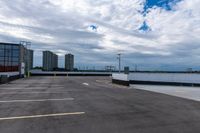 an empty parking lot with white walls and a blue sky behind it, while there is no one on the rooftop, outside