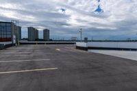 an empty parking lot with white walls and a blue sky behind it, while there is no one on the rooftop, outside